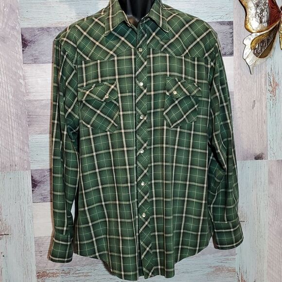 Wrangler Men's XL Green Plaid Perl Snap Western Shirt Very Soft Comfortable - Picture 1 of 7